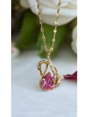 Jewelry Çelik Taşlı Kuğu Model Pembe Damla Taşlı Gold Renk Çelik Kolye 316L