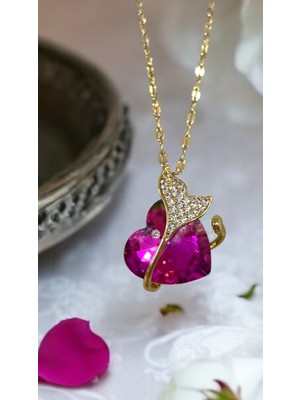 Jewelry Çelik Pembe Kalp Taşlı Gold Renk Çelik Kolye 316L