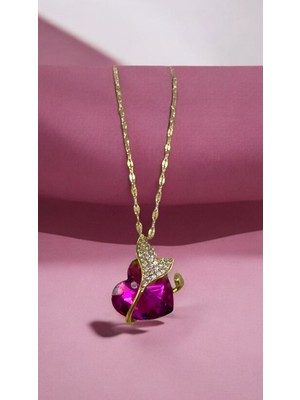 Jewelry Çelik Pembe Kalp Taşlı Gold Renk Çelik Kolye 316L