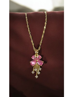 Jewelry Çelik Pembe Çiçek Taşlı Gold Renk Çelik Kolye 316L