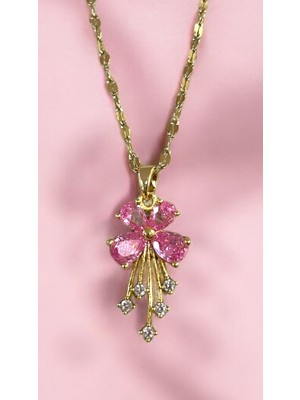 Jewelry Çelik Pembe Çiçek Taşlı Gold Renk Çelik Kolye 316L