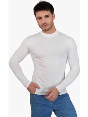 Penye Bizden Erkek Dik Yaka Slim Fit Pamuk Likra Tişört-Off White