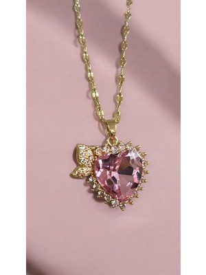 Jewelry Çelik Pembe Taşlı Kalp Gold Renk Çelik Kolye 316L