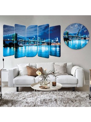Zevahir Mobilya Dekorasyon 5 Parça Mdf Mavi Renk Köprü Manzara Tablosu Vve Mdf Saat Kombin