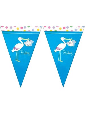 Baby Shower Mavi Leylek Üçgen Flama
