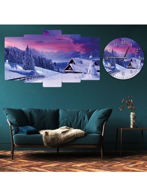 Zevahir Mobilya Dekorasyon 5 Parça Mdf Kar Manzara Tablo ve Mdf Saat Kombin