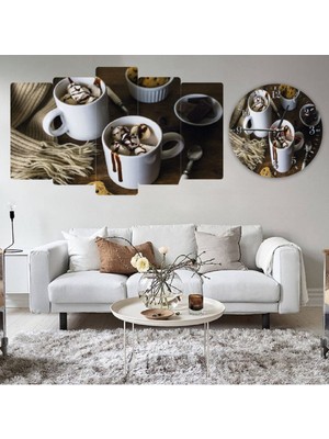 Zevahir Mobilya Dekorasyon 5 Parça Mdf Kahve Fincanı Tablo Ve Mdf Saat Kombin