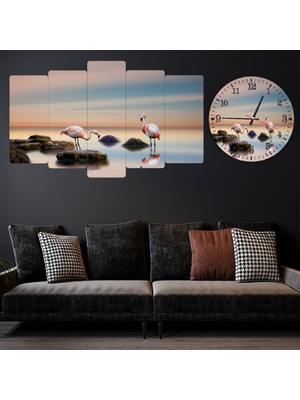 Zevahir Mobilya Dekorasyon Zevahir 5 Parça Mdf Flamingo Tablo Ve Mdf Saat Kombin