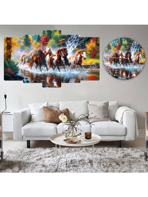 Zevahir Mobilya Dekorasyon Zevahir 5 Parça Mdf Yağlı Boya Görünümlü Koşan Atlar Tablosu Ve Mdf Saat Kombin