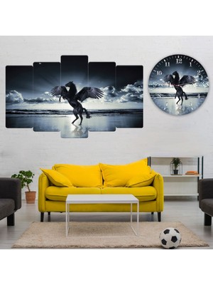 Zevahir Mobilya Dekorasyon Zevahir 5 Parça Mdf Şaha Kalkmış Siyah Kanatlı At Tablo Ve Mdf Saat Kombin