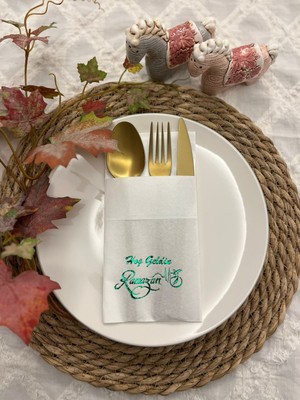 Yeşil Yaldızlı Beyaz Hoşgeldin Ramazan Yeni Model Cepli Peçete 12 Lı 40X40