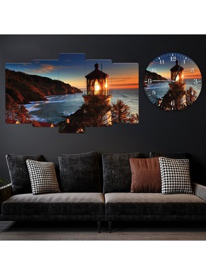 Zevahir Mobilya Dekorasyon 5 Parça Mdf Deniz Fener Manzara Tablo Ve Mdf Saat Kombin