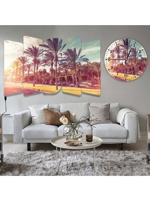 Zevahir Mobilya Dekorasyon Zevahir 5 Parça Mdf Palmiye Ağaçları Tablo Ve Mdf Saat Kombin