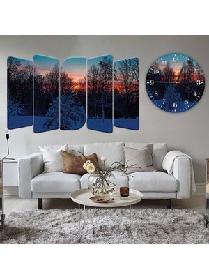 Zevahir Mobilya Dekorasyon 5 Parça Mdf Kar Manzara Tablo ve Mdf Saat Kombin