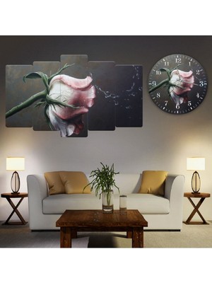 Zevahir Mobilya Dekorasyon Zevahir 5 Parça Mdf Pembe Gül Tablo Ve Mdf Saat Kombin