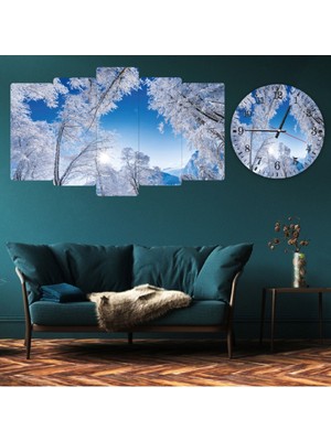 Zevahir Mobilya Dekorasyon 5 Parça Mdf Kar Manzara Tablo ve Mdf Saat Kombin