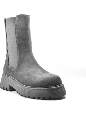 Onlo Ayakkabı ER.332  Deri Nubuk Gri Kalın Taban Kadın Bot