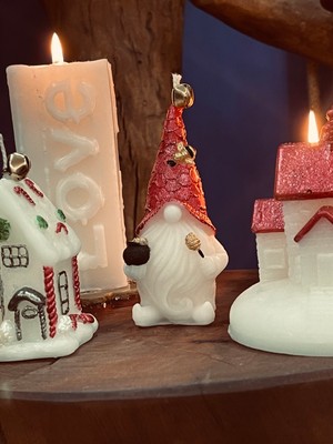 Mumias Candle 3'lü Happy New Year Büyük Evi & Noel Evi &  Gnome  Dekoratif Mum Seti