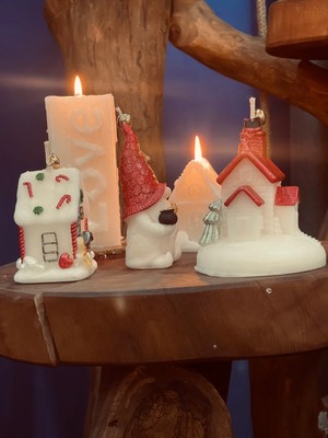 Mumias Candle 3'lü Happy New Year Büyük Evi & Noel Evi &  Gnome  Dekoratif Mum Seti