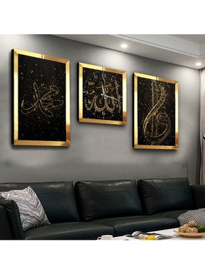 Zevahir Mobilya Dekorasyon Dini Pleksi Kenar 3'lü Mdf Tablo ve Saat Seti