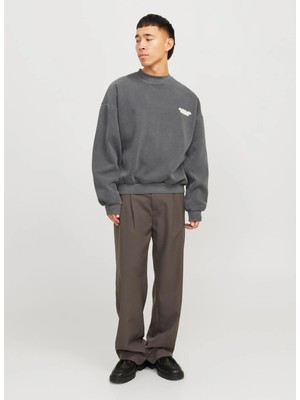 Jack & Jones Bisiklet Yaka Koyu Gri Erkek Sweatshırt 12266178_JORRIDGEWOOD Wash Sweat Cr