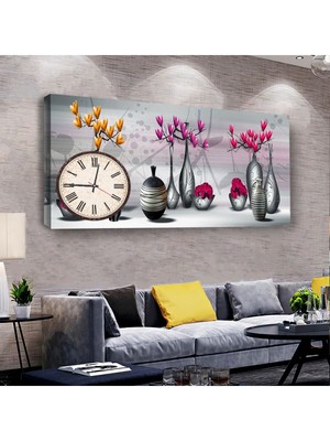 Zevahir Mobilya Dekorasyon Vazo Çiçek 120 X 60 Saatli Kanvas Tablo