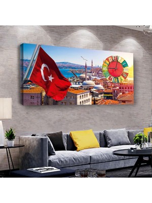 Zevahir Mobilya Dekorasyon Türk Bayrağı 100 X 50 Cm Saatli Kanvas Tablo