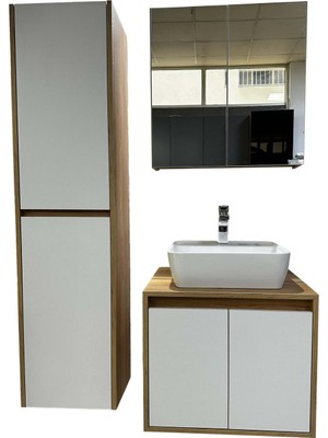 Banyo Dolabı Mdf 65 cm Boy Dolaplı Çanak Lavabolu Kulpsuz