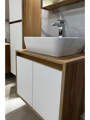 Banyo Dolabı Mdf 65 cm Boy Dolaplı Çanak Lavabolu Kulpsuz