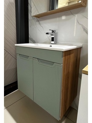 Banyo Dolabı Mdf 65 cm Memran Kapaklı Etajerli Lavabolu Kulpsuz