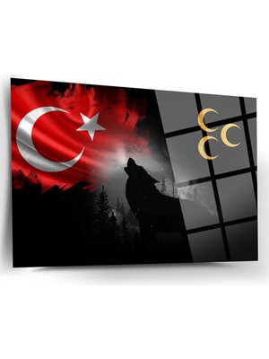 Taulart Bozkurt Üç Hilal ve Bayrak 4mm Kırılmaz Temperli Yüksek Çözünürlüklü Cam Tablo