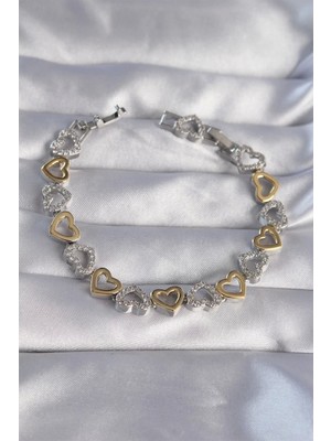 Clariss Vip Seri Pirinç Çift Renkli Zirkon Taşlı Içi Boş Kalp Tasarımlı Bileklik