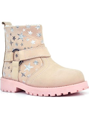 Rakerplus Chiron Hakiki Deri Pudra Yıldız Desenli Fermuarlı Kürklü Kız Çocuk Bot
