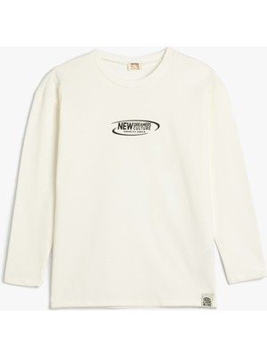 Koton Oversize T-Shirt Slogan Baskılı Uzun Kollu Bisiklet Yaka Pamuklu