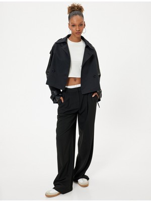 Koton Crop Ceket Kruvaze Yaka Suni Deri Detaylı Düğmeli Cepli Balon Kol