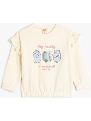 Koton Sweatshirt Uzun Kollu Kedi Baskılı Bisiklet Yaka Fırfır Detaylı Pamuklu Şardonlu
