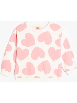 Koton Sweatshirt Uzun Kollu Kalp Baskılı Bisiklet Yaka Pamuklu Şardonlu