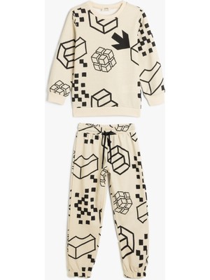 Koton 2'li Eşofman Takımı Baskı Detaylı Uzun Kollu Üst ve Beli Lastikli Eşofman Altı Şardonlu