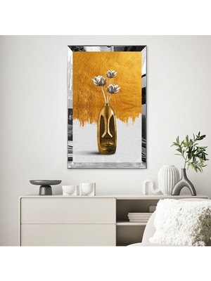 Zevahir Mobilya Dekorasyon Gold  Aynalı Pleksi Çerçeveli Minimal Tarzda Altın Renkli Çiçek Tablo