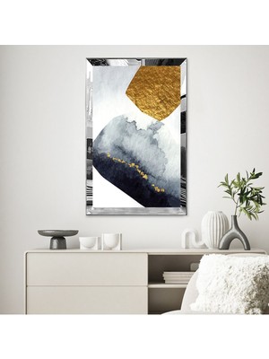Zevahir Mobilya Dekorasyon Gold  Aynalı Pleksi Çerçeveli Açık Renk Arka Planlı Lacivert ve Altın Soyut Şekiller Tablo