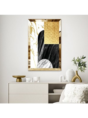 Zevahir Mobilya Dekorasyon Gümüş  Aynalı Pleksi Çerçeveli Mermer Desenli Siyah ve Altın Renkli Geometrik Şekiller Tablo
