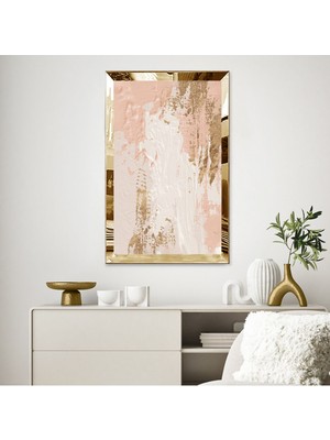 Zevahir Mobilya Dekorasyon Gümüş  Aynalı Pleksi Çerçeveli Pembe ve Altın Renkli Modern Soyut Tasarım Tablo