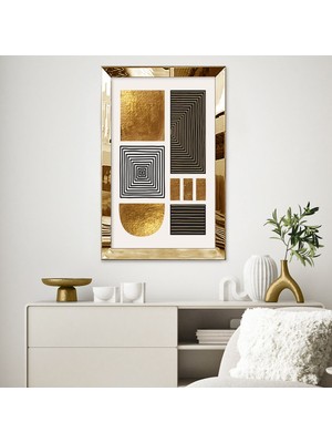Zevahir Mobilya Dekorasyon Gold  Aynalı Pleksi Çerçeveli Çizgili Geometrik Blok Tasarım Tablo