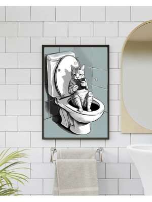 Sümer Çerçeveli, Kedili Banyo Tuvalet Dekoratif Tablo, Minimal Pinterest Tarzı Çerçeveli Poster