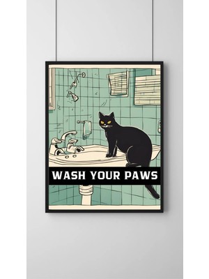 Sümer Çerçeveli, Siyah Kedili Banyo Tuvalet Dekoratif Tablo, Modern Pinterest Tarzı Çerçeveli Poster