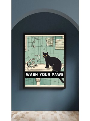 Sümer Çerçeveli, Siyah Kedili Banyo Tuvalet Dekoratif Tablo, Modern Pinterest Tarzı Çerçeveli Poster