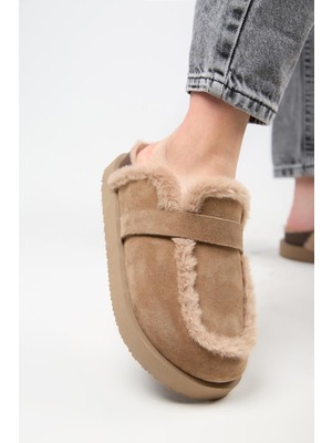 Manijero (Ecemi Platform) Kadın Deri Kürklü Loafer Platform Vizon Terlik