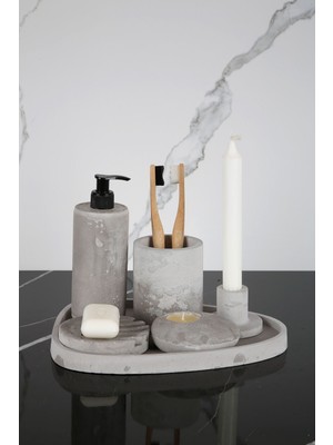 Betonmall 6 Parça Mermer Desenli Beton Banyo Seti Katı ve Sıvı Sabunluk Mumluk Tütsülük Diş Fırçalığı