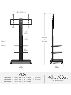Varsthree Tekerlekli ve 3 Raflı Tv Ünite Sehpası Yüksekliği Ayarlanabilir Tv Ünitesi 32-70 Inç Tv'ler Için