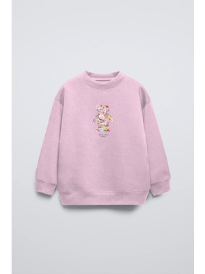 Pembe Çocuk Çiçekli Ayıcık Baskılı Bisiklet Yaka Oversize Sweatshirt